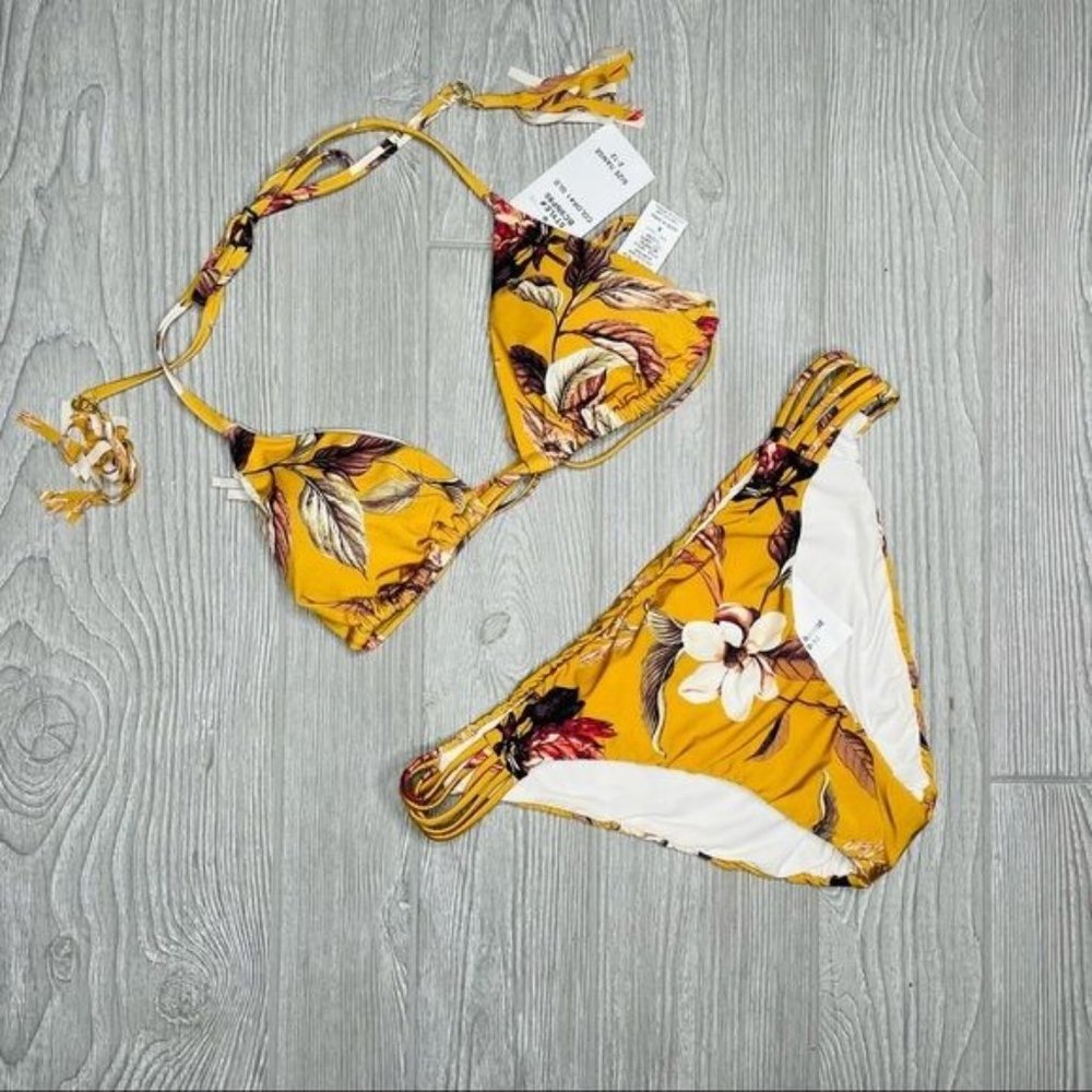 Nwt boho fringe feather leaf design halter bikini bathing suit swimwear swimsuit